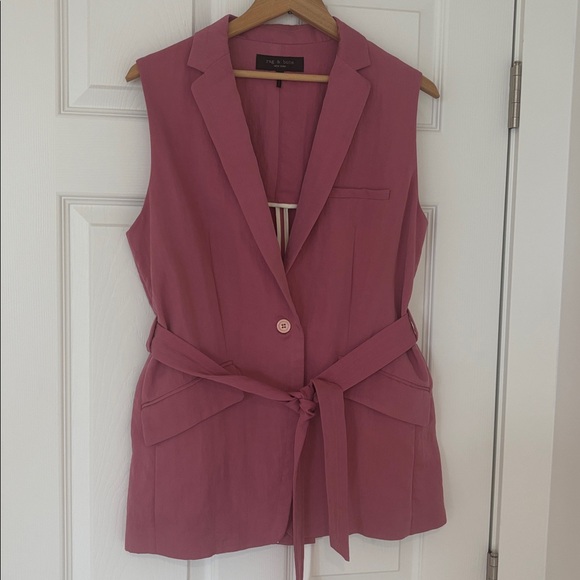 RAG & BONE Margot sleeveless blazer self tying belt front button blush pink sz4 - Picture 3 of 14